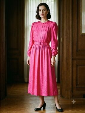 Vintage Women's Hot Pink Long Sleeve Belted Midi Dress, Size 10, Coco
